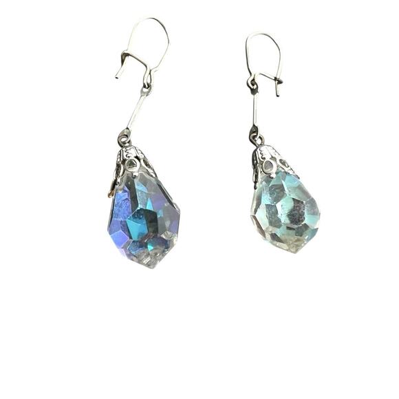 Iridescent Dangle Earrings Faceted Glass Pierced Drop Silver Tone Wire Hook - Picture 6 of 10